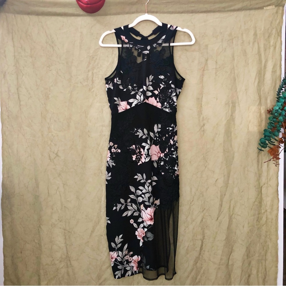 Guess Black/Pink Sheer Mesh and Floral Appliqué Dress with Side Slit size 4